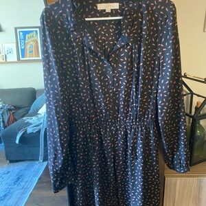 LOFT Black Long Sleeve Sundress with Notched Collar